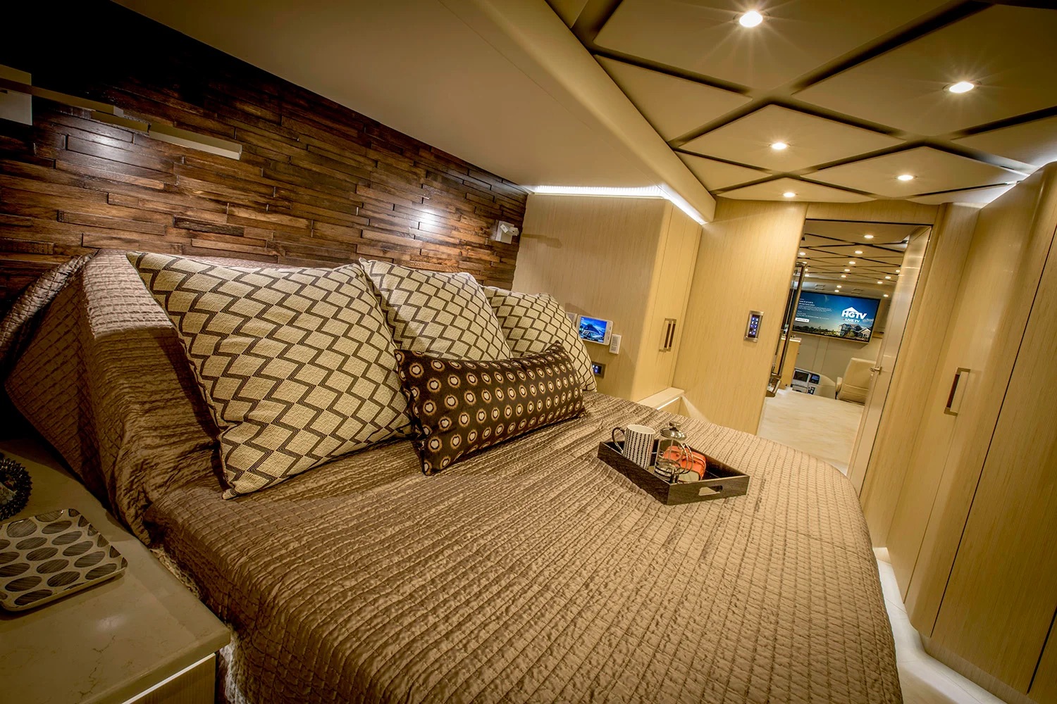 King bed with wood accent wall