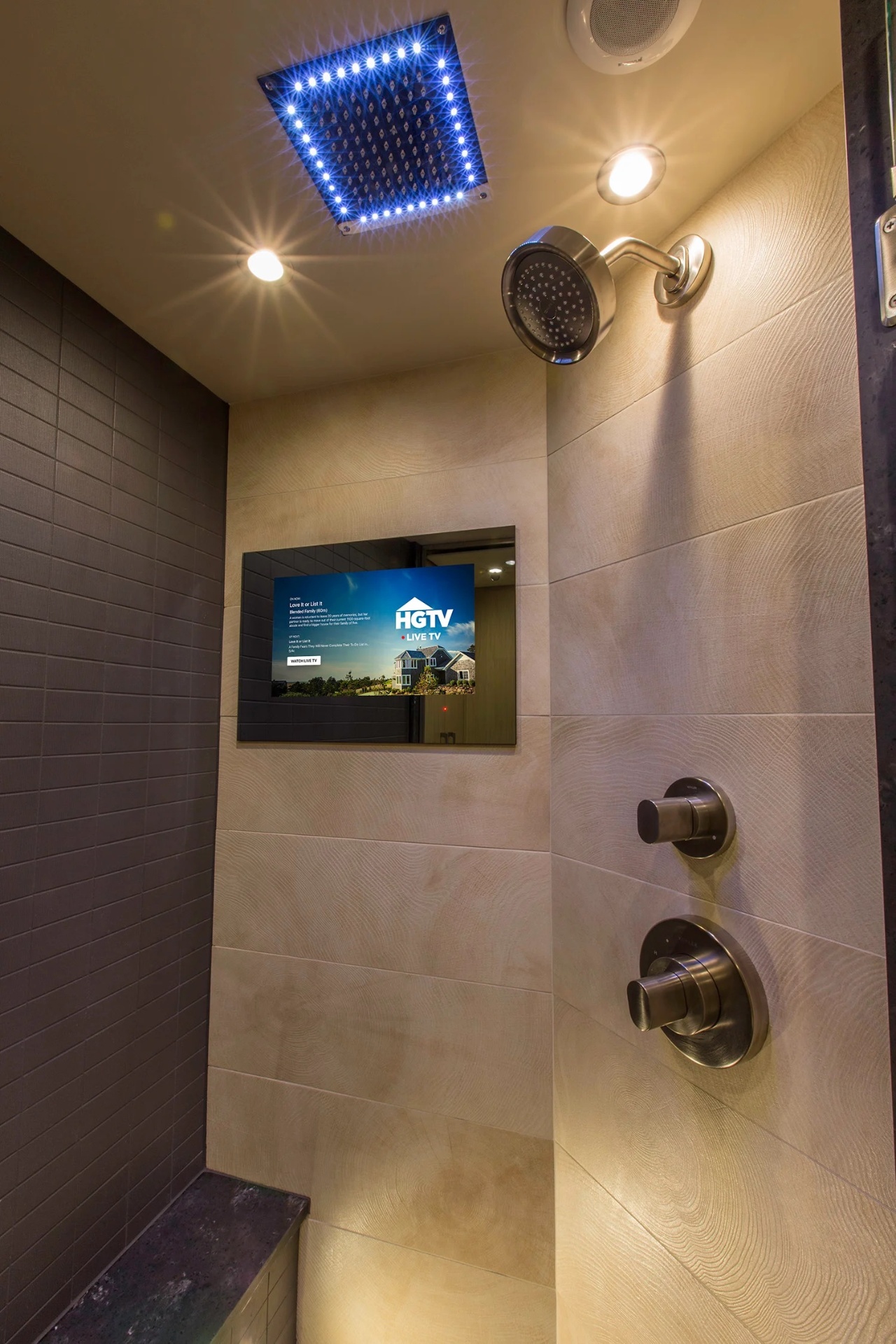 Shower with HGTV display and LED ceiling