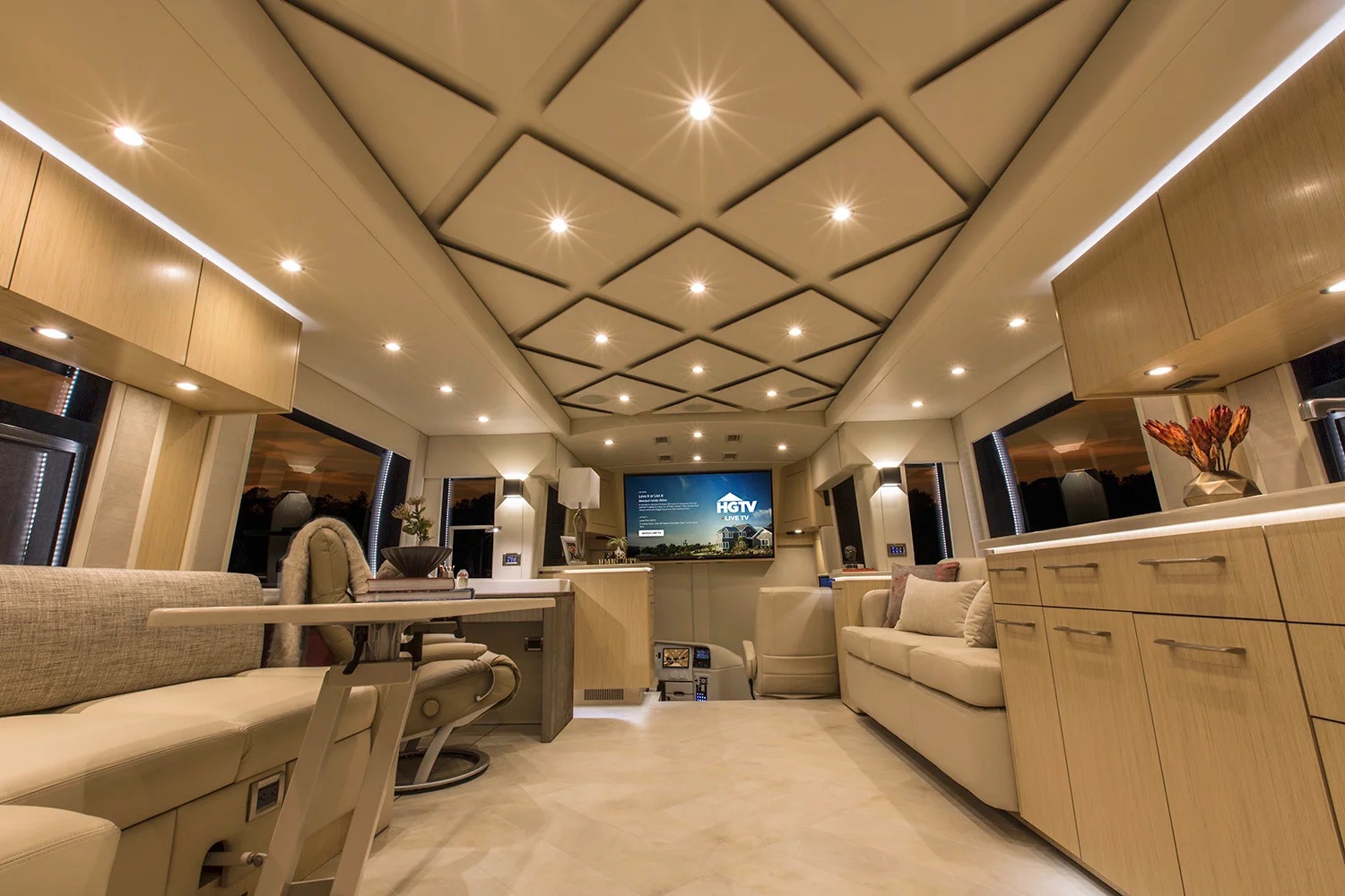 Salon wide view with coffered ceiling